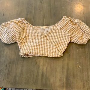tan checkered puff sleeve top